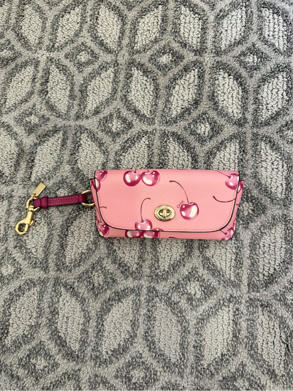 Coach Pink Cherry Print Leather Wristlet Key Case with Gold Hardware